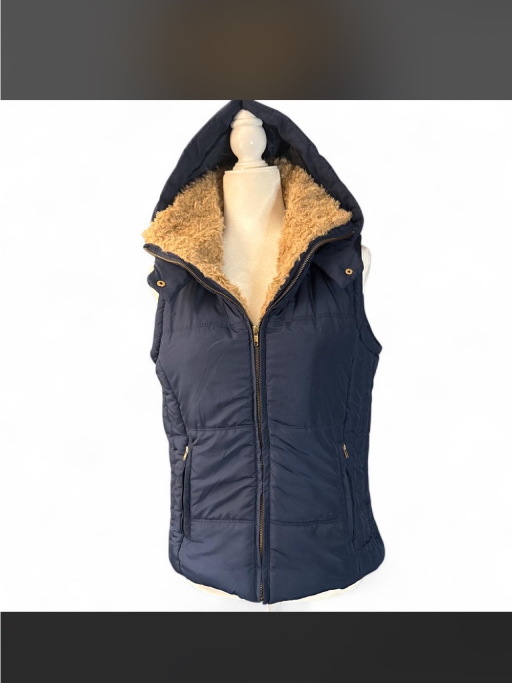 Love Tree Navy Hooded Puffer Vest with Tan Faux Sherpa